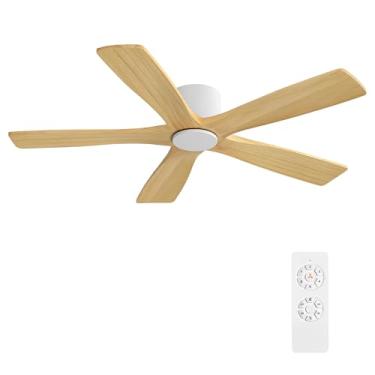 Imagem de WINGBO Ventiladores de teto CC de montagem embutida de 137 cm sem luzes, 5 lâminas de madeira maciça esculpida, motor CC reversível de 6 velocidades, ventilador de teto de baixo perfil, sem luzes para