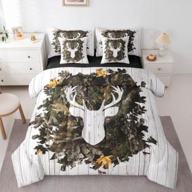Imagem de Erosebridal Conjunto de edredom infantil camuflado com chifres de veado, branco, marrom, 7 peças | Cama de caça na floresta em uma bolsa para quarto, casa de fazenda, conjunto de cama rústica com