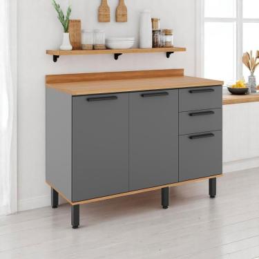 Imagem de Balcão De Cozinha Castanha 1200mm Com Tampo 3 Portas E 2 Gavetas - Cinza/freijó