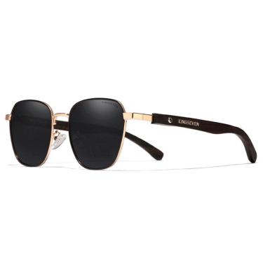 Imagem de Óculos De Sol Polarizado Hastes Madeira Proteção Uv400 Cinza Dourado