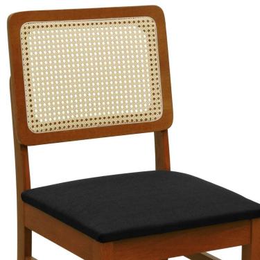 Imagem de Cadeira Lyon Madeira Maciça Encosto Telinha Natural - Amêndoa Assento Estofado Linho Preto Textura