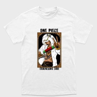 Imagem de Camiseta Branca One Piece  Trafalgar D. Water Law Usando casaco de pel