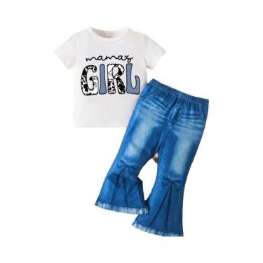 Imagem de Conjunto De Jeans Imitado Para Meninas Pequenas, Blusa De Manga Curta 