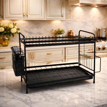 Imagem de Escorredor Inox de Louça 2 Andares Preto 2 Bandejas Coletoras E Porta 