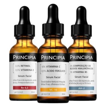 Imagem de Principia Kit Trio Séruns com alta eficácia comprovada clinicamente: um com Vitamina C + Ácido Ferúlico, um com Retinol + Vitamina E e um com Ácidos Hialurônicos