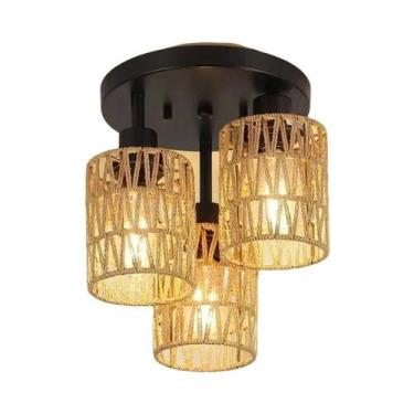 Imagem de Luminária Pendente De Teto Boho Vintage Com Corda De Cânhamo E Rattan 