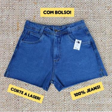 Imagem de Short Jeans Liso Feminino Lavagem Azul Cós Alto Barra Corte Laser Com 