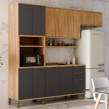 Imagem de Armário de Cozinha Modulada com Balcão e Tampo 10 Portas 3 Gavetas Nice Fresado 100% Mdf Amêndoa/Cinza - Pnr Móveis