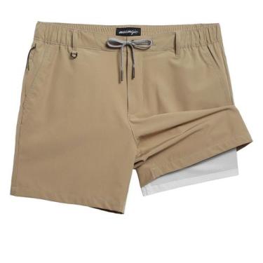 Imagem de Shorts mamagic masculinos casuais 2 em 1 com forro de compressão cáqui