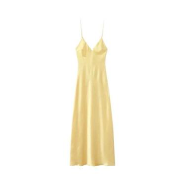 Imagem de Vestido Amarelo De Cetim Com Alças E Costas Abertas Para Mulheres, Ele