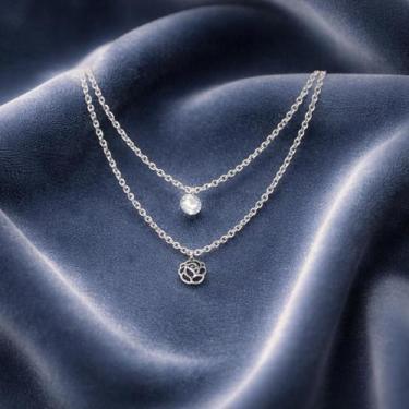 Imagem de Colar CHOKER Duplo AÇO INOX Pingente ROSA FLOR e Ponto Luz