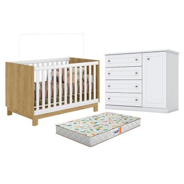 Imagem de Kit Berço Americano Mini Cama Q Encanto Slim MDP Colchão Incluso Freijó Branco Acetinado Qmovi