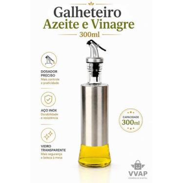 Imagem de Galheteiro 300ml Vidro e Aço Inox com Dosador para Azeite e Vinagre - 