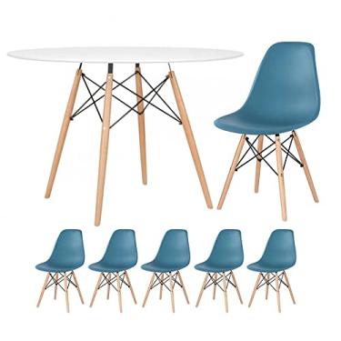 Imagem de Loft7, Kit - Mesa redonda Eames 120 cm branco + 5 cadeiras Eiffel Dsw Turquesa