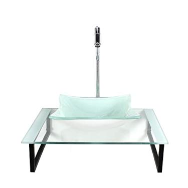 Imagem de KIT CUBA DE VIDRO QUADRADA 10MM TAMPO 50CM BRANCO COM SUPORTE TORNEIRA VALVULA