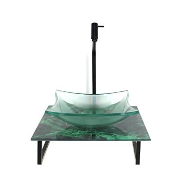 Imagem de KIT CUBA DE VIDRO QUADRADA 10MM INCOLOR COM TAMPO DE VIDRO 40CM X 40CM MÁRMORE VERDE E SUPORTE PRETO