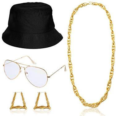 Imagem de Kit de fantasia de hip hop dos anos 80/90 com chapéu de macaco e chapéu de caçador, brincos de corrente dourada, conjunto de acessórios