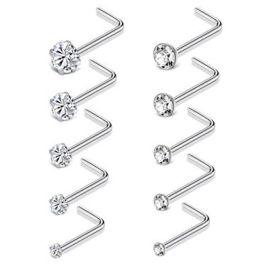 Imagem de Tornito 20G 10 peças de aço inoxidável L parafuso em forma de osso piercing de nariz anéis quadrado redondo CZ anel de nariz labret jóias de piercing de nariz para homens mulheres tom prata 1,5 mm-2,5 mm-3,5 mm CZ, Zircônia cúbica, Zircônia cúbica