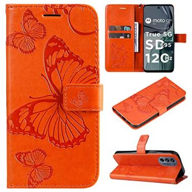 Imagem de Capas de telefone borboleta em relevo compatíveis com Motorola Moto G62 G 62 5G Capa de couro de luxo slots para cartão de visita clipe de carteira à prova de choque (laranja, Moto G62 5G)