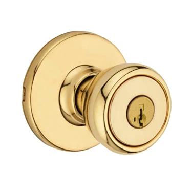 Imagem de Kwikset Maçaneta de porta de entrada Tylo com fechadura e chave, alça externa com chave segura, entrada frontal e quarto, latão polido, segurança SmartKey Rekey resistente a picaretas