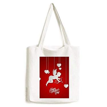 Imagem de Bolsa sacola de lona Happy Valentine's Day Red White Angel bolsa de compras casual