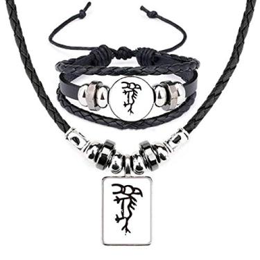 Imagem de Bones Inscriptions Conjunto de joias de couro com pingente de cavalo do zodíaco chinês