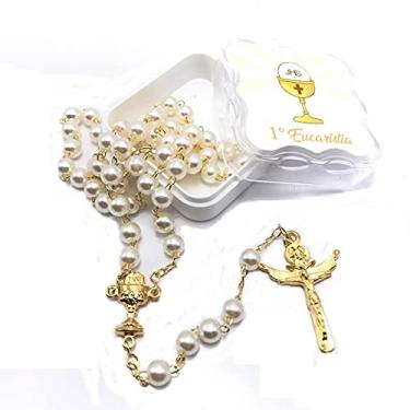 Imagem de Lembrança Primeira Eucaristia Comunhão Terço Dourado Creme 6 Mm