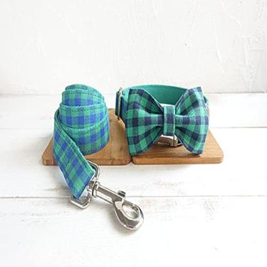Imagem de Coleira xadrez personalizada azul e verde coleira para cães, coleira de nylon para animais de estimação, gravata borboleta, colar para cães adequado para cães pequenos, médios e grandes