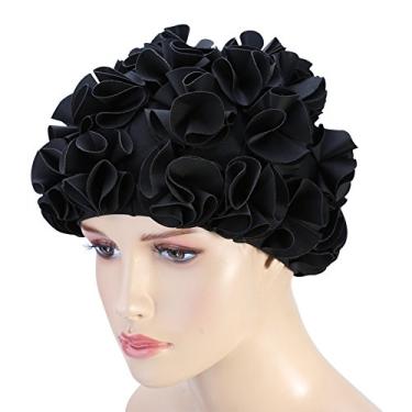 Imagem de Chapéu de Natação Feminino, Flor retrô, Moda, Chapéu de Banho Elástico, Cabelo Comprido, Chapéu de Banho (Preto)