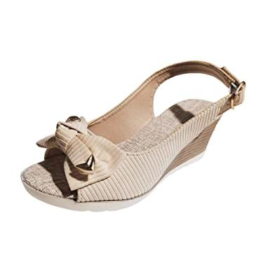 Imagem de Sandálias de anabela com fivela no tornozelo para mulheres moda verão sólido laço tecido aberto salto cunha sandálias de sola grossa (bege, 9)