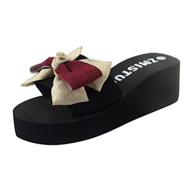 Imagem de Sandálias femininas de plataforma sandálias respiráveis chinelos moda praia chinelos anabela laço dedo feminino aberto sandálias femininas (vinho, 8)