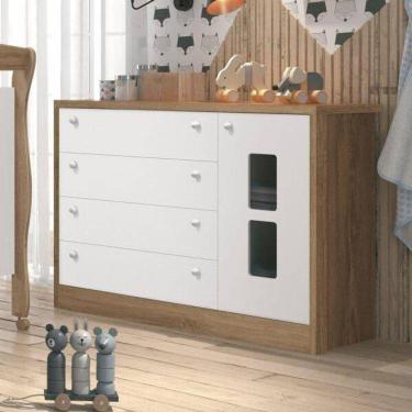 Imagem de Cômoda Infantil Sapateira Joãozinho 1 Porta 4 Gavetas Móveis Reller Branco Fosco com Me...