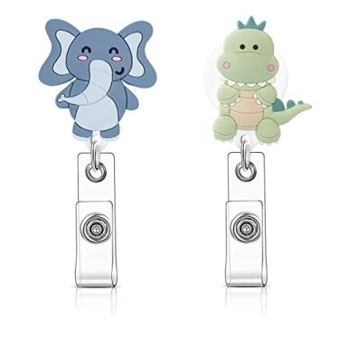 Imagem de ZOSTLAND Carretel de crachá retrátil fofo, suporte para escritório de trabalho de enfermeiras ID e etiqueta de nome, extensão de cabo de 71 cm (elefante e dinossauro)