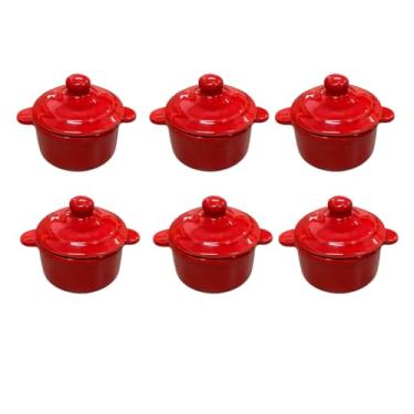 Imagem de Panelinha de Cerâmica com Tampa Hamekin Molheira Sobremesa Degustação Kit 6 Unidades (Vermelha)