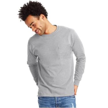 Imagem de Hanes Camiseta Essentials, bolso de algodão, camisetas de manga comprida para homens, Aço leve, P