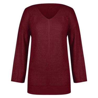 Imagem de Vestido feminino de cor sólida solto casual gola V comprimento médio suéter vestido maxi tule, Vermelho, P