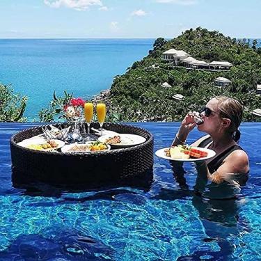 Imagem de Bandeja Redonda De Vime Para Piscina Bandeja Flutuante Portátil Para Piscina, Mesa Flutuante De Luxo Para Servir, Bandeja Elegante De Brunch Na Água Com Alças, Para Adultos, Spas, Banho E Festas,P