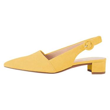 Imagem de Fericzot Sandálias de salto baixo para mulheres bico fino escarpim salto quadrado fivela Drees sapatos planos plus size, Amarelo, US 6
