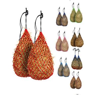 Imagem de Majestic Ally — 2 peças de rede para feno de alimentação lenta de 106 cm para cavalos, forte e pequeno, macio, 5 cm x 5 cm de malha, corda de nylon, alimentador de viagem ajustável para trailers e estacionamento, simula pastas, reduz o desperdício (vermelho)