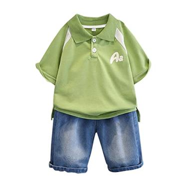 Imagem de Camiseta de manga curta para bebês meninos verão infantil lapela + shorts jeans moda conjunto de duas peças azul-petróleo e agasalho, Verde, 9-11Years