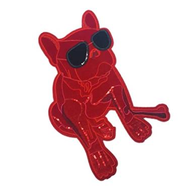 Imagem de Operitacx patches artesanato apliques reparação buracos pasta tecido bordado remendos roupas remendos costura Buldogue oculos sol decorar vermelho