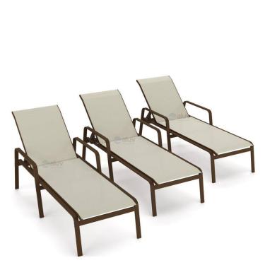 Imagem de Kit 3 Espreguiçadeira Piscina Alumínio Marrom Tela Bege