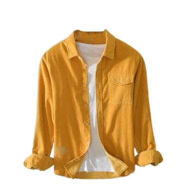Imagem de Camisa masculina vintage de algodão de veludo cotelê de inverno outono cor sólida bolso simples casual manga longa blusa básica, Amarelo 5080, XXG