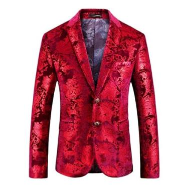 Imagem de Blazer masculino, terno de veludo com estampa quente, um botão, caimento justo, casual, smoking, jaqueta anfitriã, Vermelho, 4X-Large