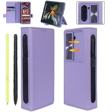 Imagem de Woluki Capa para Samsung Galaxy Z Fold 5 com suporte de caneta S, capa carteira de couro legítimo, capa de câmera deslizante integrada, proteção de dobradiça, suporte, capa de telefone com slot Stylus para Galaxy Z Fold5 5g (roxa)