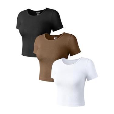 Imagem de OQQ Camisetas femininas de manga curta, 3 peças, gola redonda, sem costura, ajuste elástico, Preto, café, branco, G
