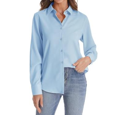 Imagem de J.VER Camisa feminina de botão manga longa sem rugas leve de chiffon sólido blusa de trabalho, Azul claro, GG