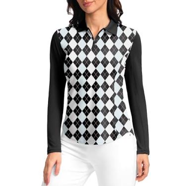 Imagem de Camisas polo femininas manga longa FPS 50+ camisas de proteção UV leves de secagem rápida camisas frescas para mulheres golfe trabalho ao ar livre, Xadrez preto, P