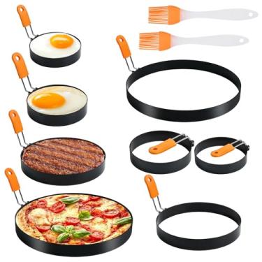 Imagem de Akamino 10 peças de molde de panqueca, 3,5, 4, 6, 8 em aço inoxidável conjunto de anéis de ovo para fritar ovos, anel de omelete grande com alça de silicone e 2 peças de escova de óleo, máquina de