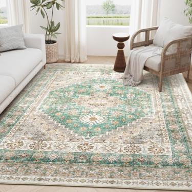 Imagem de Tapete de 1,5 x 2,3 m zesthome Ultrafino lavável, resistente a manchas, antiderrapante para sala de estar, quarto, vintage, para decoração de casa (verde/marrom, 1,5 x 2,3 m)